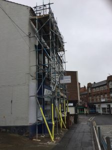 commercial scaffolding on a building on West Parade in Lincoln