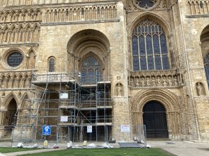 scaffolding and barriers at entrance of Lincoln cathedral